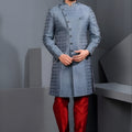 Handsome Grey Art Silk Jacquard Designer Indo Western Suit with Pyjama for Wedding