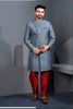 Handsome Grey Art Silk Jacquard Designer Indo Western Suit with Pyjama for Wedding