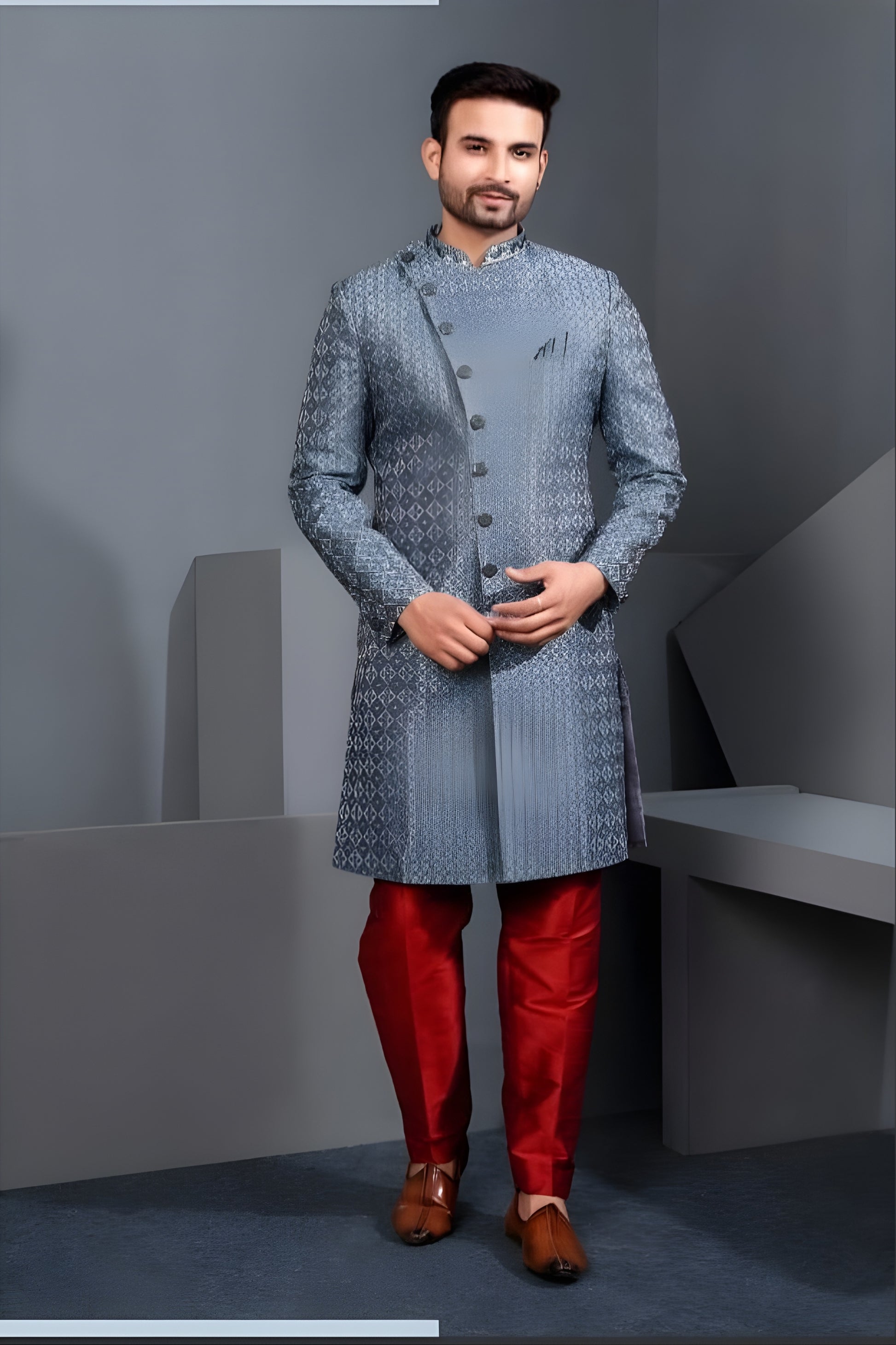 Handsome Grey Art Silk Jacquard Designer Indo Western Suit with Pyjama for Wedding
