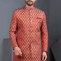Superb Rust Orange Art Silk Jacquard Designer Indo Western Suit with Pyjama for Wedding