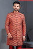 Superb Rust Orange Art Silk Jacquard Designer Indo Western Suit with Pyjama for Wedding