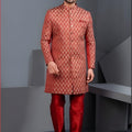 Superb Rust Orange Art Silk Jacquard Designer Indo Western Suit with Pyjama for Wedding