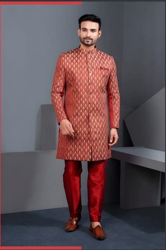 Superb Rust Orange Art Silk Jacquard Designer Indo Western Suit with Pyjama for Wedding