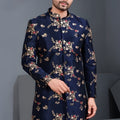 Amazing Navy Blue Art Silk Embroidered Designer Indo Western Suit with Pyjama for Wedding