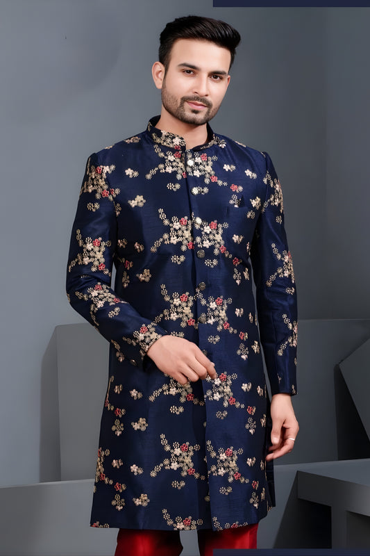 Amazing Navy Blue Art Silk Embroidered Designer Indo Western Suit with Pyjama for Wedding