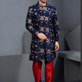 Amazing Navy Blue Art Silk Embroidered Designer Indo Western Suit with Pyjama for Wedding