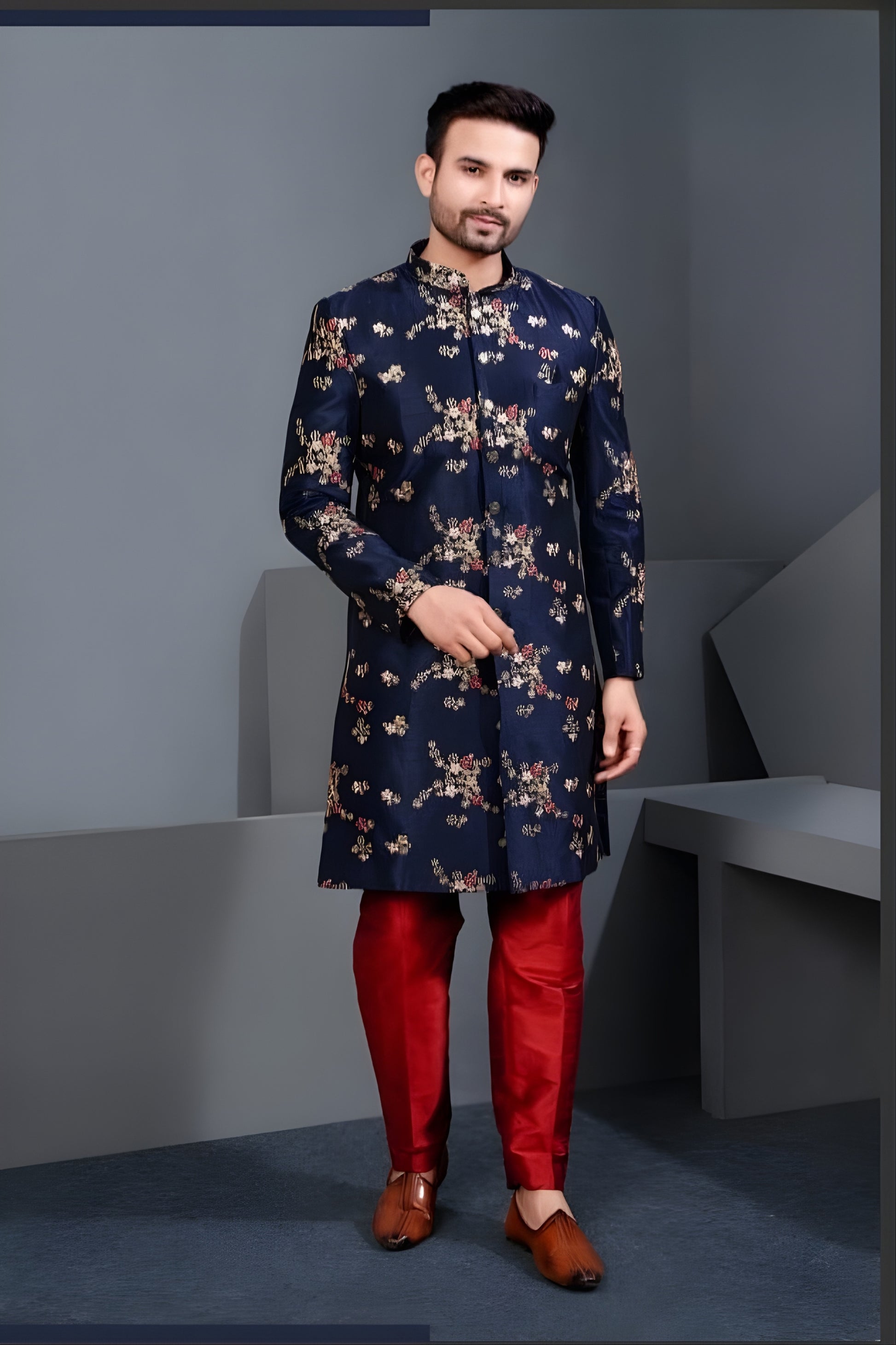 Amazing Navy Blue Art Silk Embroidered Designer Indo Western Suit with Pyjama for Wedding