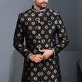 Stylish Black Art Silk Embroidered Designer Indo Western Suit with Pyjama for Wedding