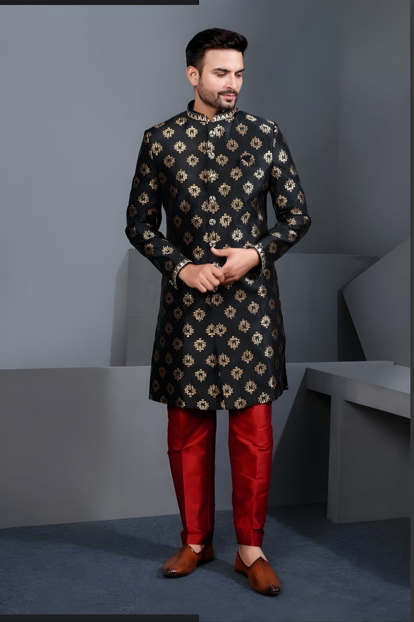 Stylish Black Art Silk Embroidered Designer Indo Western Suit with Pyjama for Wedding