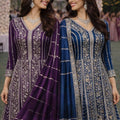 Stunning Navy Blue Chinon Embroidered Anarkali Gown with Dupatta for Women