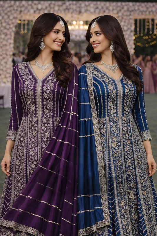 Stunning Navy Blue Chinon Embroidered Anarkali Gown with Dupatta for Women