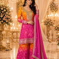 Stunning Orange Pink Chinon Designer Palazzo Suit with Embroidery Work and Designer Dupatta for Women