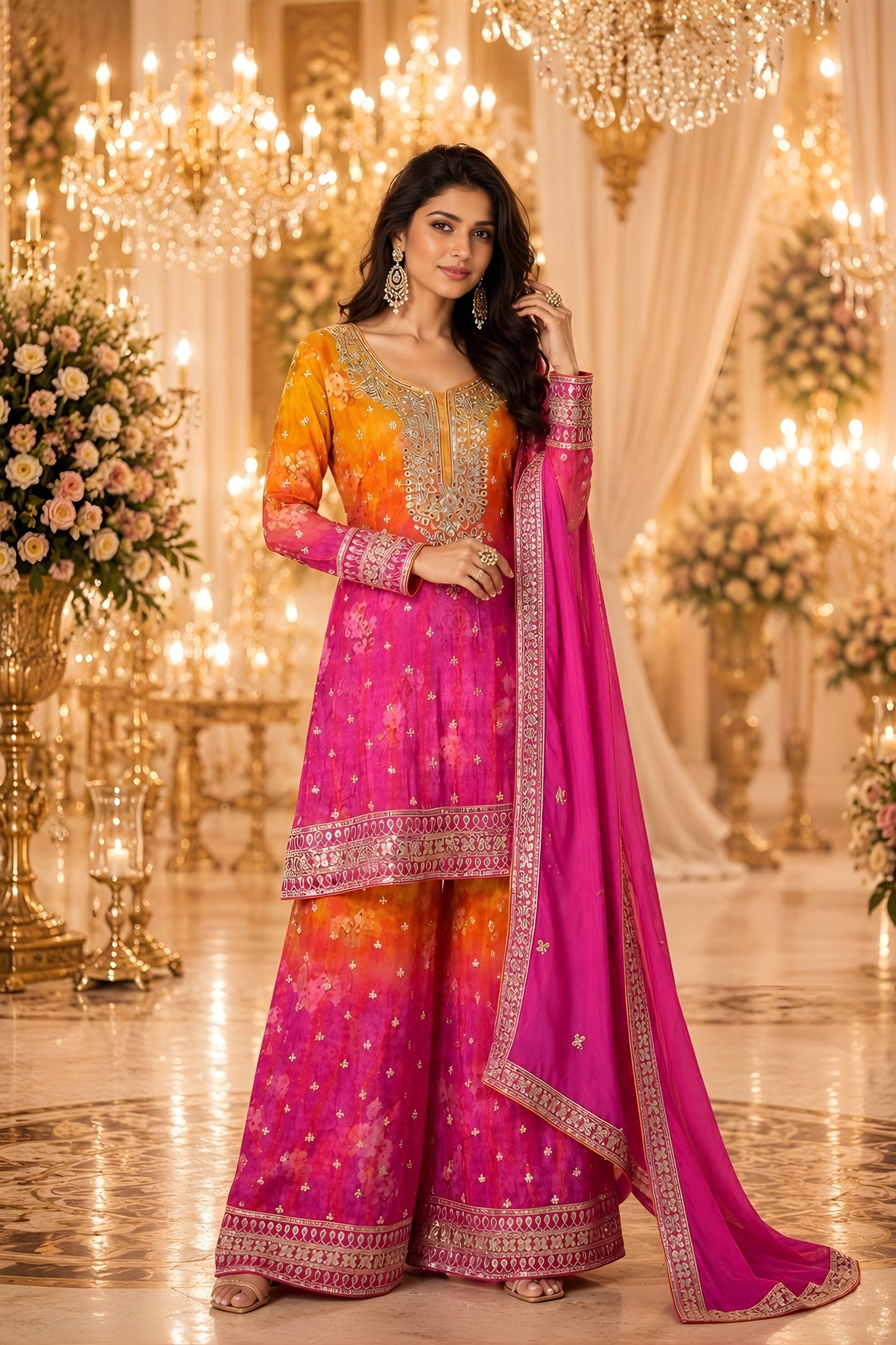 Stunning Orange Pink Chinon Designer Palazzo Suit with Embroidery Work and Designer Dupatta for Women