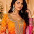 Stunning Orange Pink Chinon Designer Palazzo Suit with Embroidery Work and Designer Dupatta for Women
