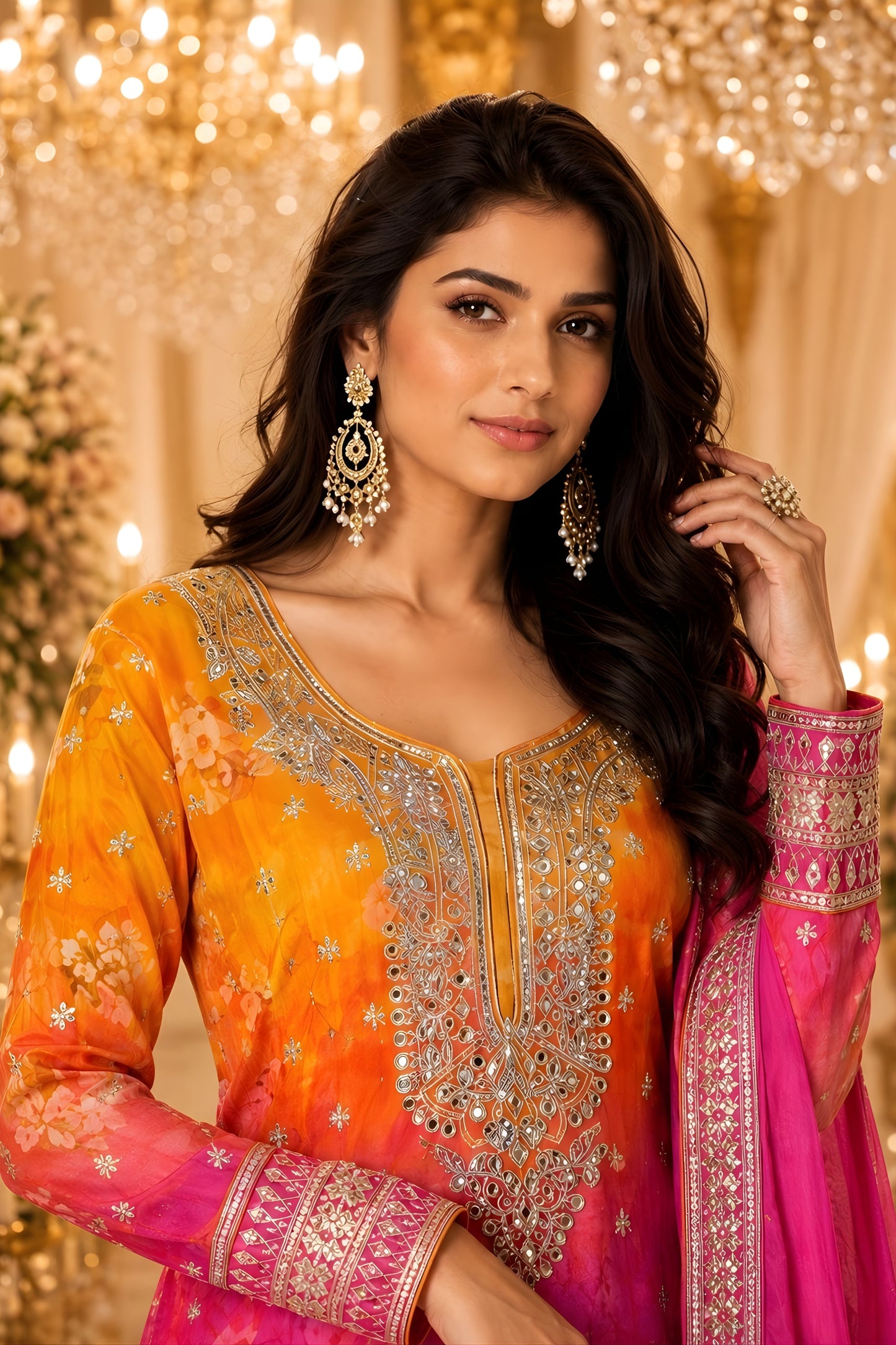 Stunning Orange Pink Chinon Designer Palazzo Suit with Embroidery Work and Designer Dupatta for Women