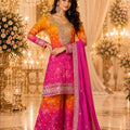 Stunning Orange Pink Chinon Designer Palazzo Suit with Embroidery Work and Designer Dupatta for Women