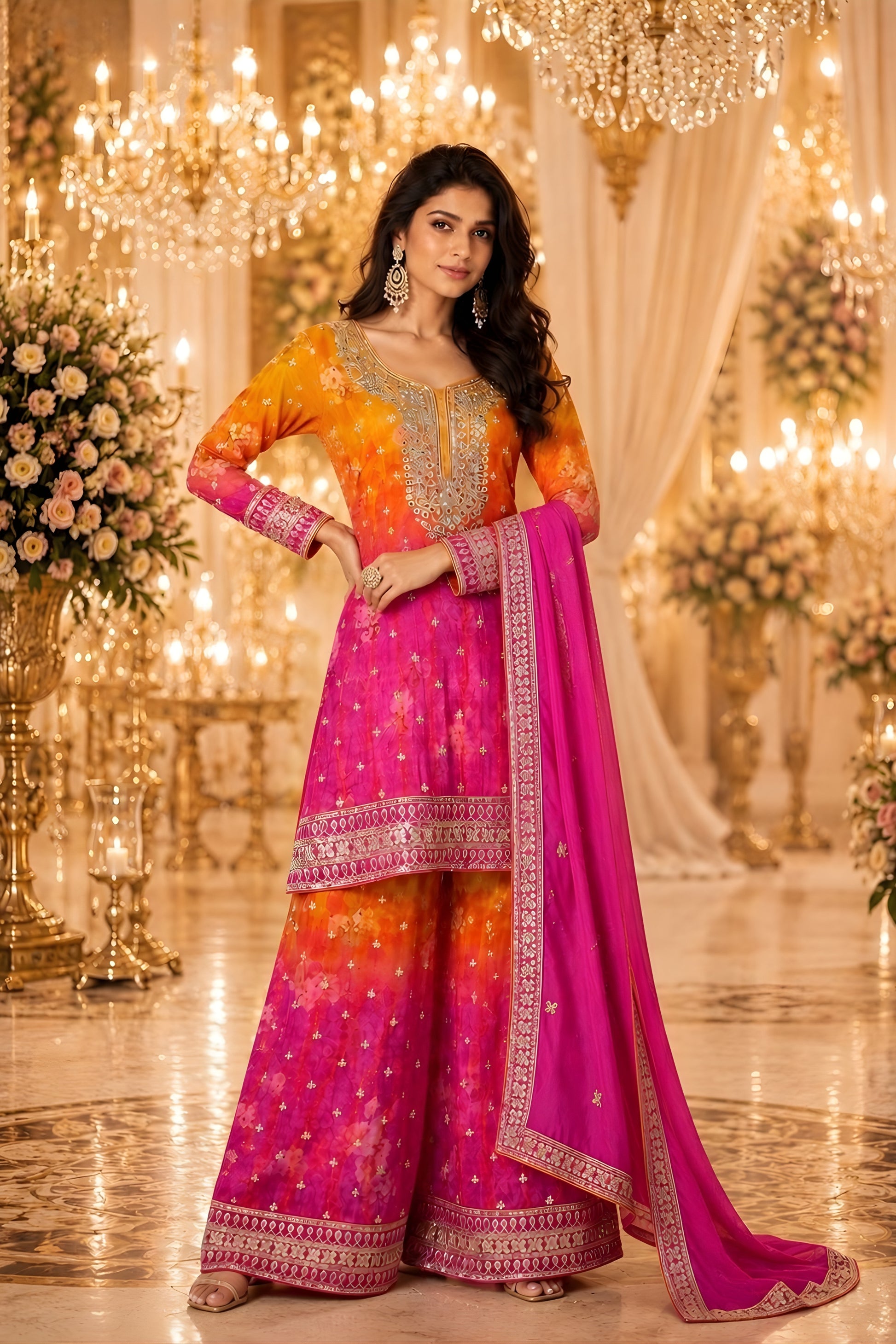 Stunning Orange Pink Chinon Designer Palazzo Suit with Embroidery Work and Designer Dupatta for Women