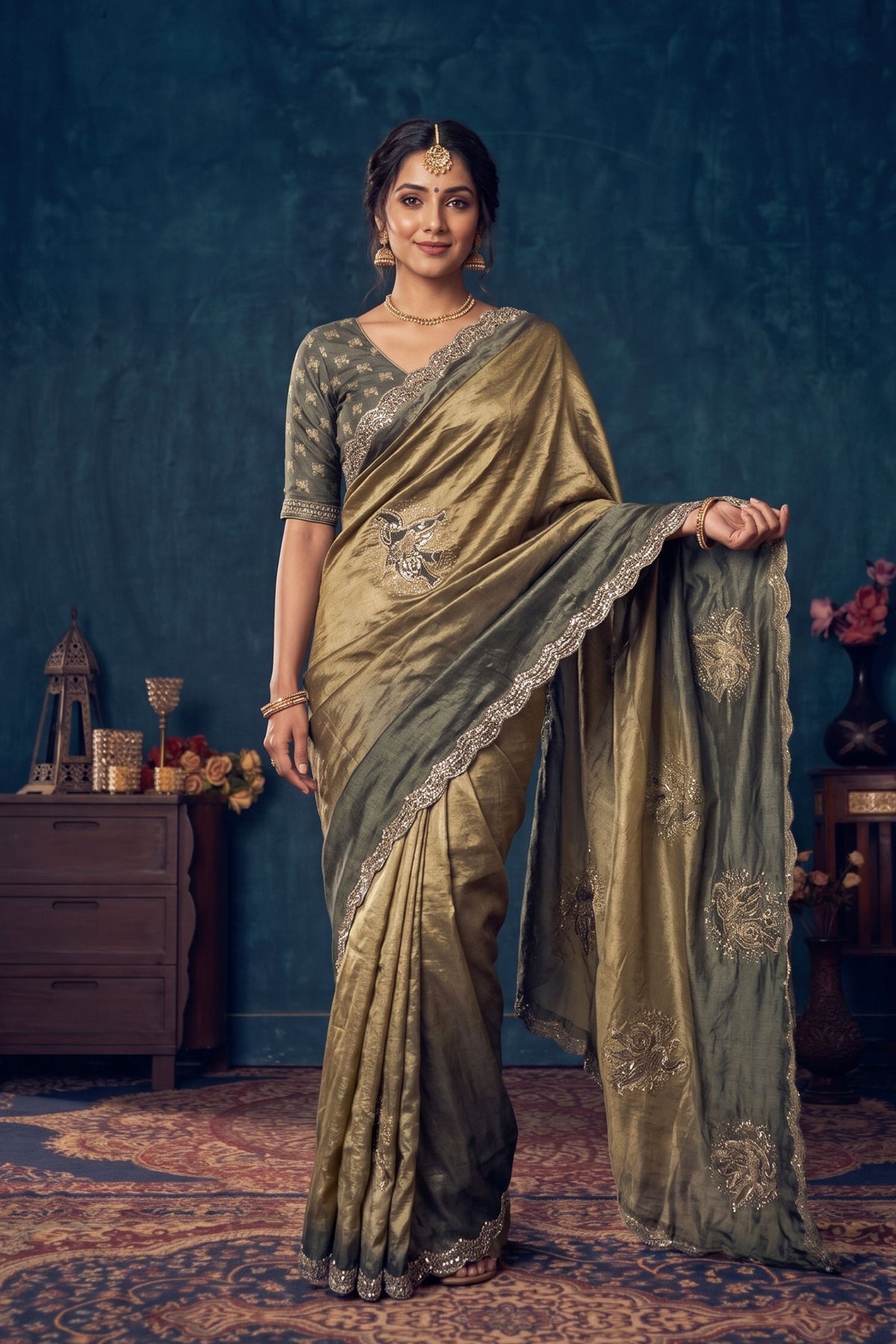 Opulent Olive Green Fendy Silk Saree with Jarkan Work for Women