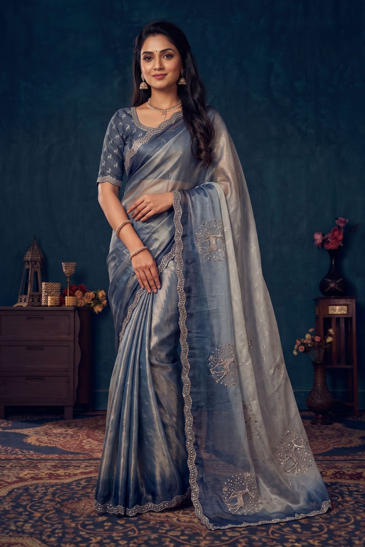 Sophisticated Steel Blue Fendy Silk Saree with Jarkan Work for Women