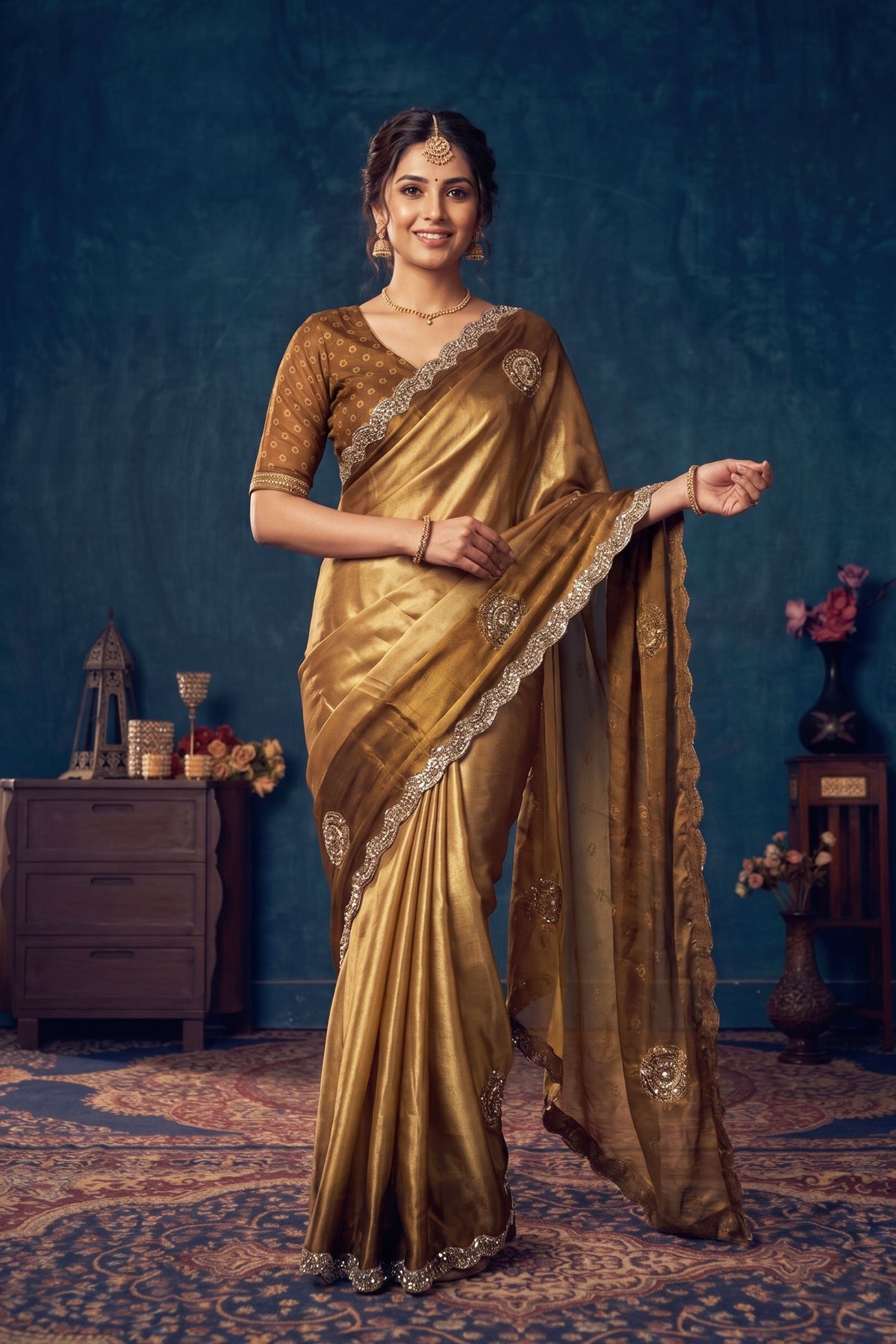Magnificent Golden Bronze Fendy Silk Saree with Jarkan Work for Women