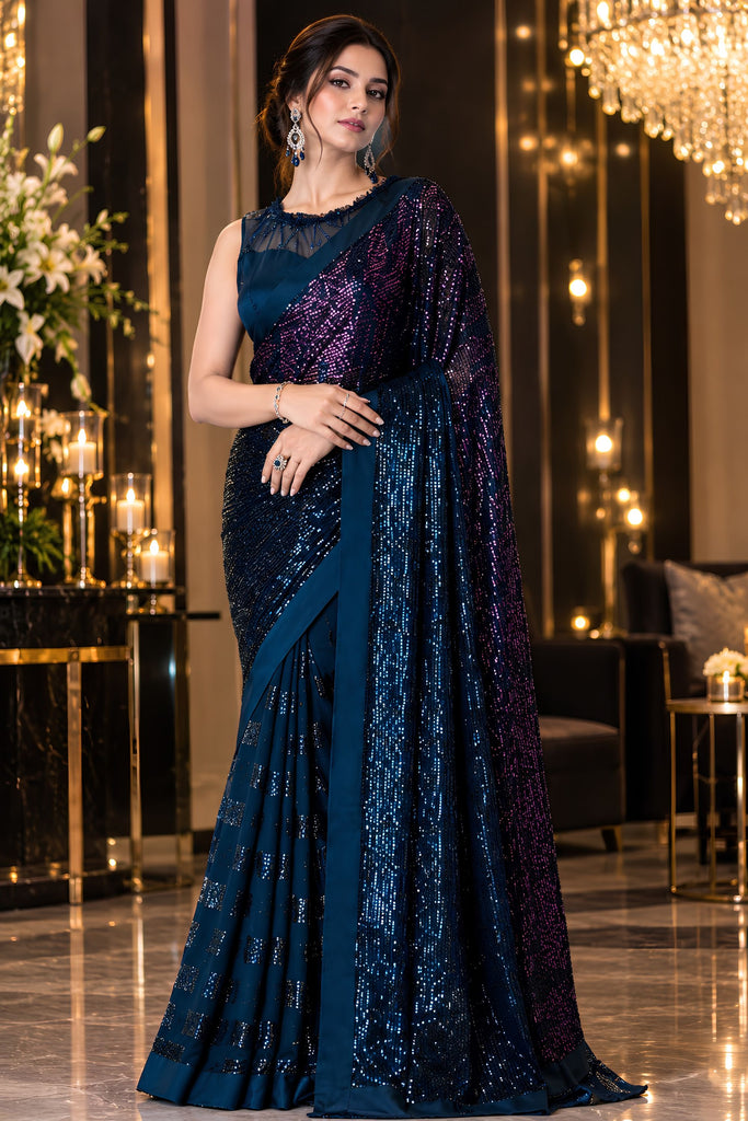 Mesmerizing Navy Blue Georgette Silk Saree Sequin Work for Women