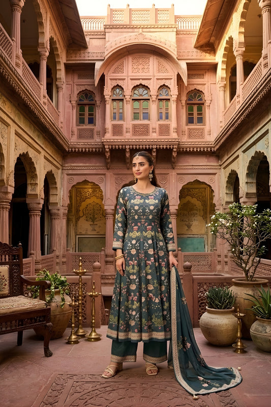 Elegant Rama Green Satin Silk Digital Printed Anarkali Suit with Dupatta for Women