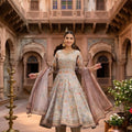 Beautiful Beige Satin Silk Floral Digital Printed Anarkali Suit with Dupatta for Women