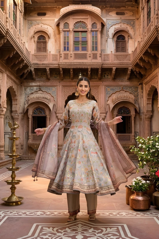 Beautiful Beige Satin Silk Floral Digital Printed Anarkali Suit with Dupatta for Women