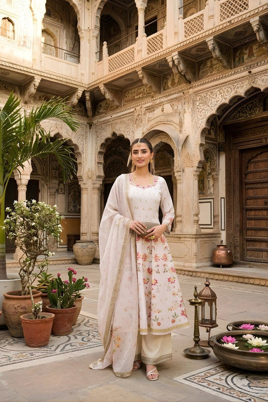 Stylish Off White Satin Silk Floral Digital Printed Anarkali Suit with Dupatta for Women
