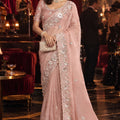 Glamorous Peach Pink Fancy Tissue Organza Net Sequin Embroidery Saree for Women