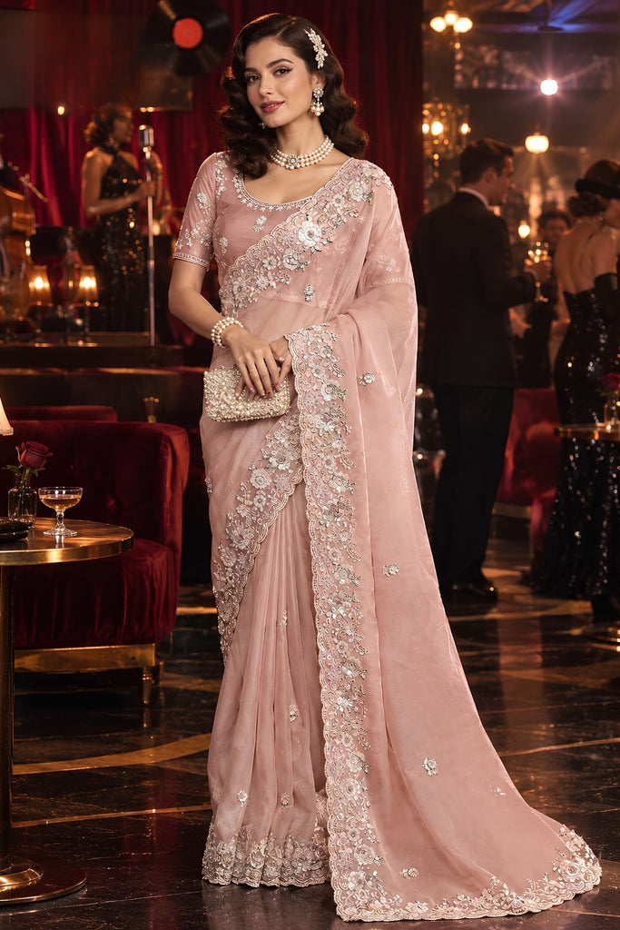 Glamorous Peach Pink Fancy Tissue Organza Net Sequin Embroidery Saree for Women