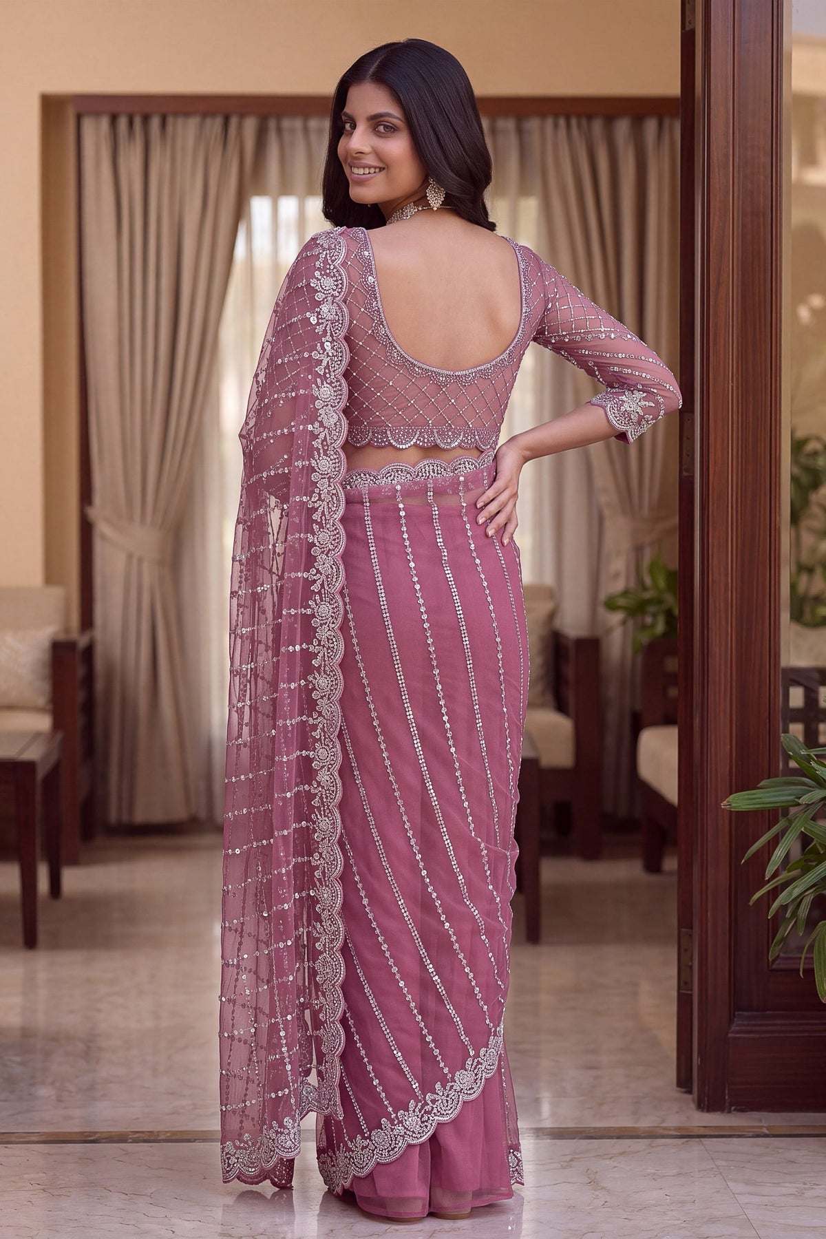 Stunning Pink Net Saree Sequin Embroidery Border for Women