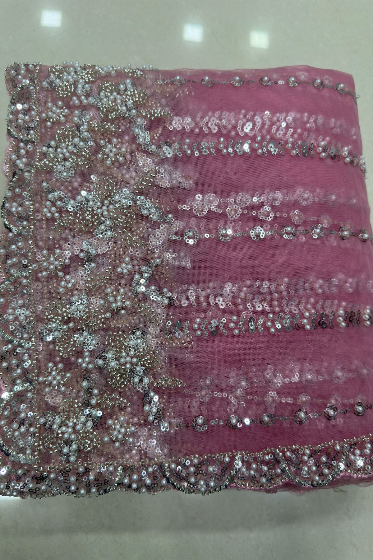 Stunning Pink Net Saree Sequin Embroidery Border for Women