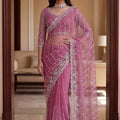 Stunning Pink Net Saree Sequin Embroidery Border for Women