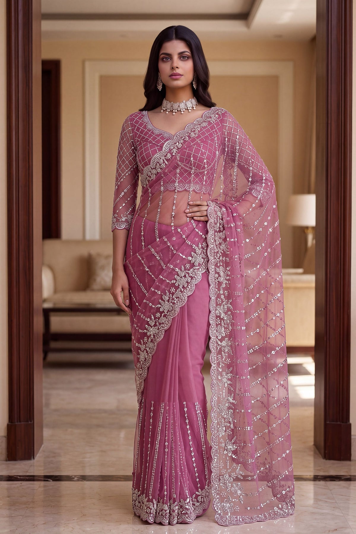 Stunning Pink Net Saree Sequin Embroidery Border for Women