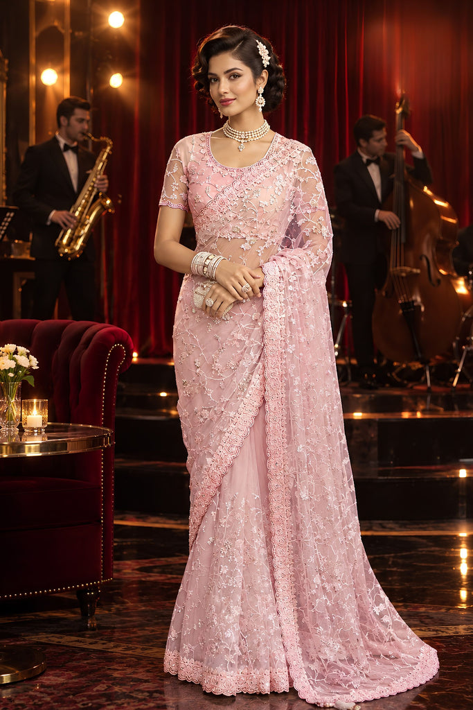 Enchanting Pink Fancy Tissue Organza Net Sequin Embroidery Work Saree for Women