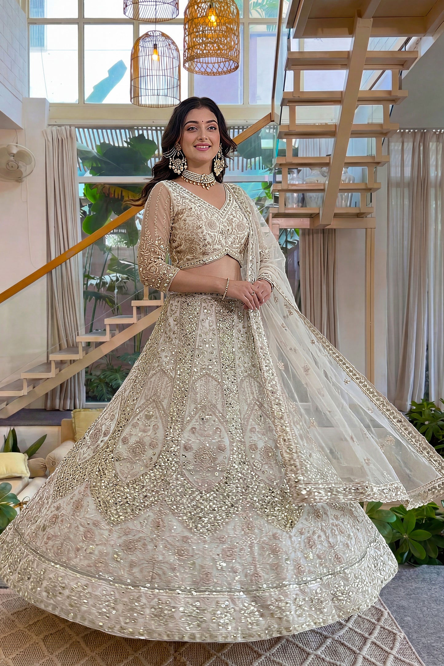 Charming Off White Butterfly Net Embroidered Lehenga Choli with Dupatta for Women