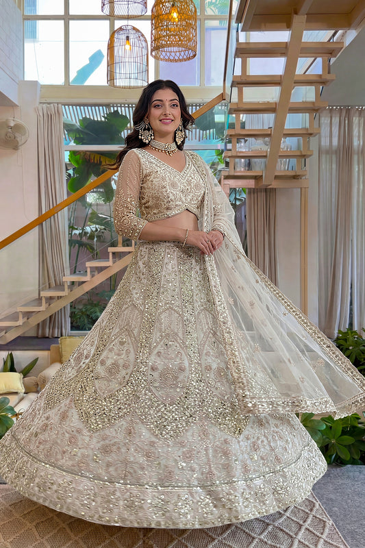 Charming Off White Butterfly Net Embroidered Lehenga Choli with Dupatta for Women