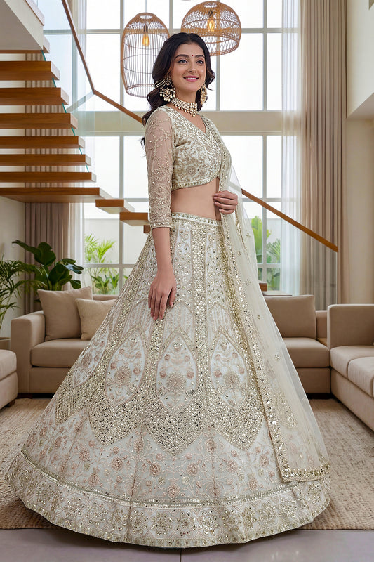 Charming Off White Butterfly Net Embroidered Lehenga Choli with Dupatta for Women