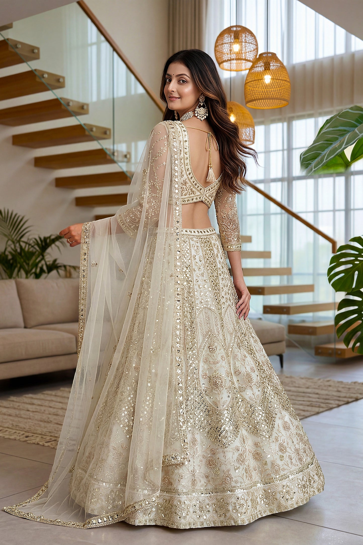 Charming Off White Butterfly Net Embroidered Lehenga Choli with Dupatta for Women