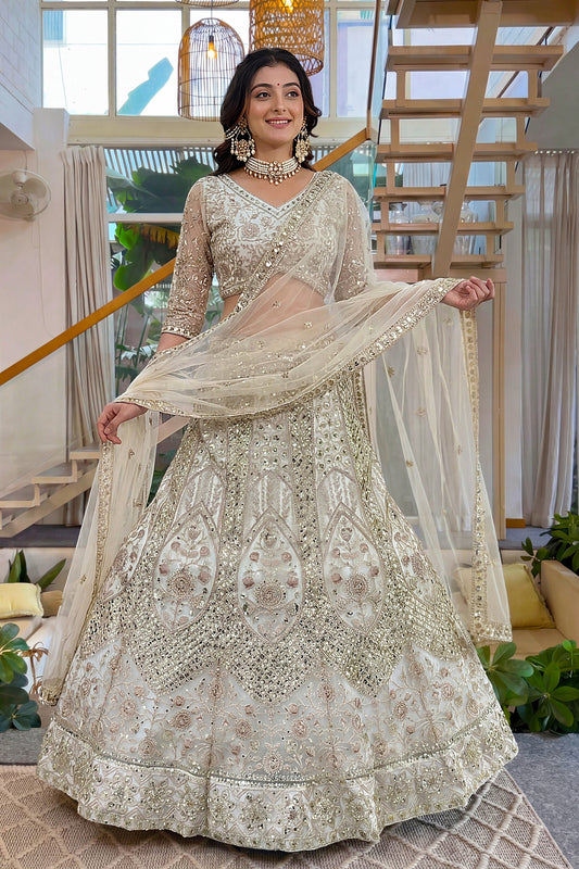 Charming Off White Butterfly Net Embroidered Lehenga Choli with Dupatta for Women