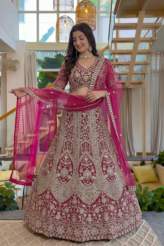 Lovely Pink Butterfly Net Heavy Embroidered Lehenga Choli with Dupatta for Women