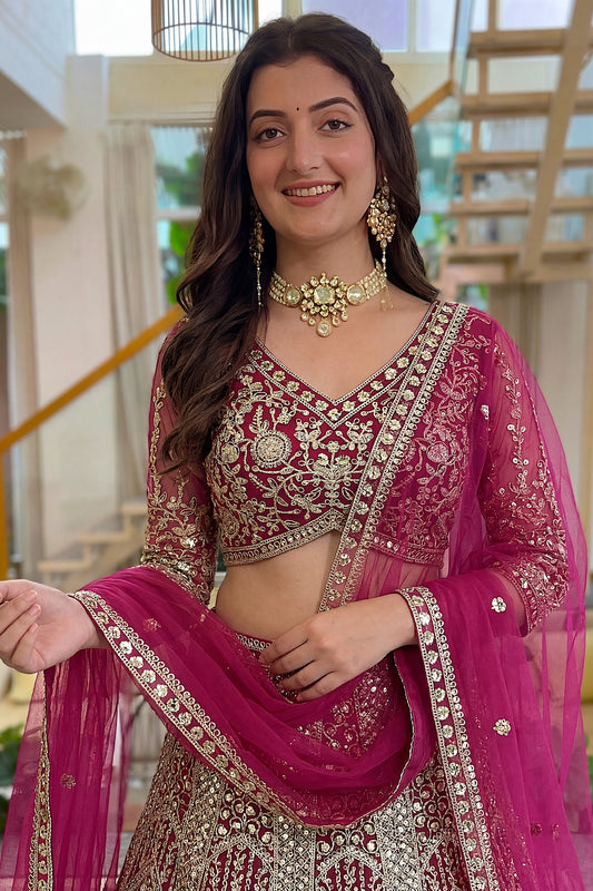 Lovely Pink Butterfly Net Heavy Embroidered Lehenga Choli with Dupatta for Women