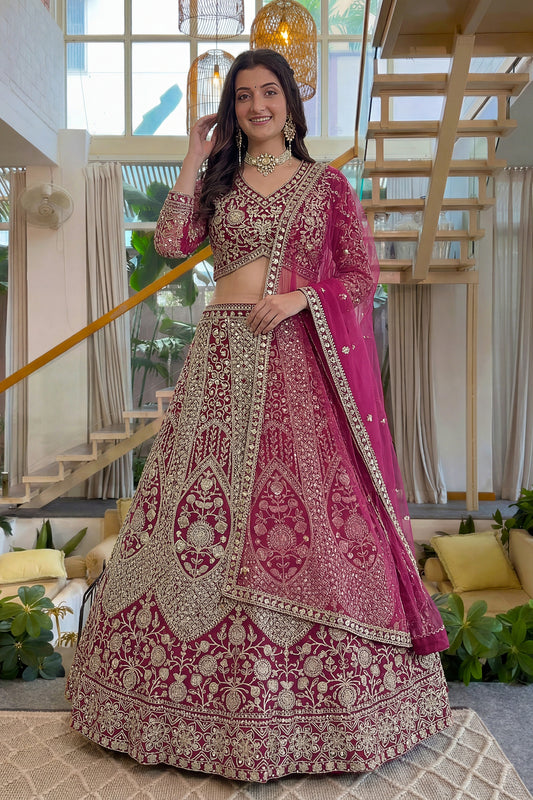 Lovely Pink Butterfly Net Heavy Embroidered Lehenga Choli with Dupatta for Women