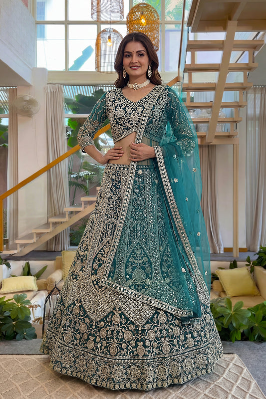 Delicate Teal Green Butterfly Net Heavy Embroidered Lehenga Choli with Dupatta for Women