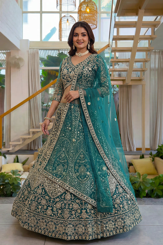 Delicate Teal Green Butterfly Net Heavy Embroidered Lehenga Choli with Dupatta for Women