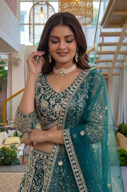 Delicate Teal Green Butterfly Net Heavy Embroidered Lehenga Choli with Dupatta for Women