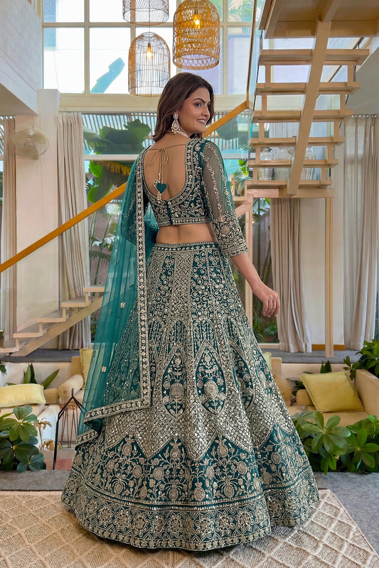 Delicate Teal Green Butterfly Net Heavy Embroidered Lehenga Choli with Dupatta for Women