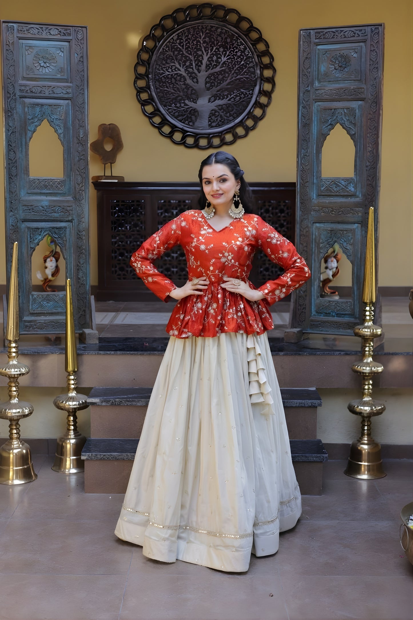 Stylish Orange Embroidered Cosmos Readymade Long Sleeves Crop Top for Women