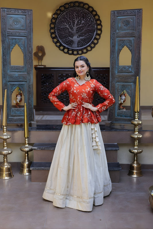 Stylish Orange Embroidered Cosmos Readymade Long Sleeves Crop Top for Women